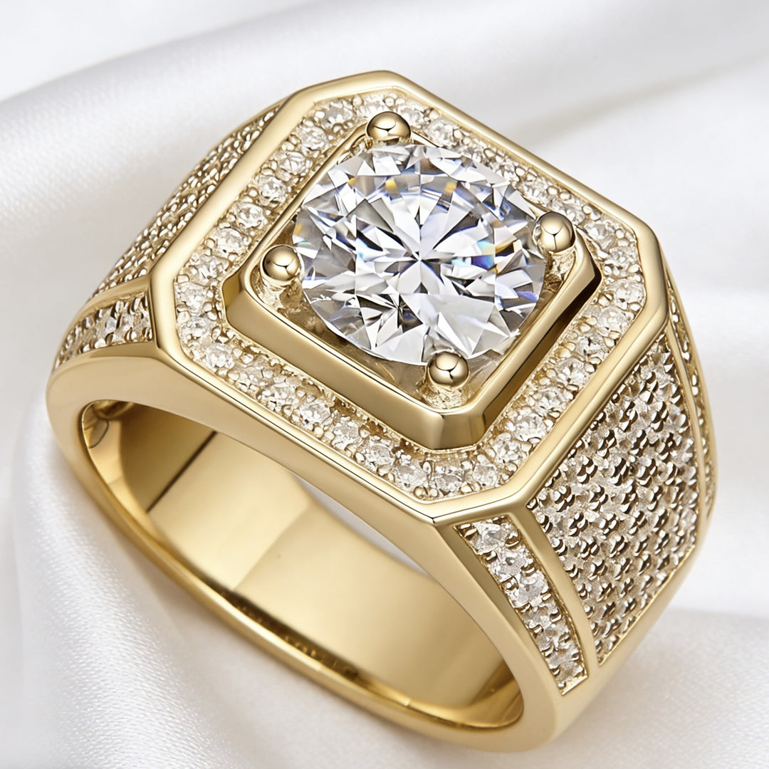 Heavy Square Halo Main Stone Men Ring, European Wide Full Paved Diamond Business Statement Band for Men