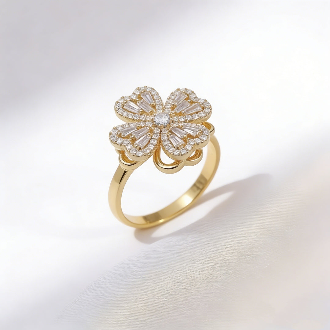 Gold Five-Petal Flower S925 Silver Ring, Luxury Full Diamond 3D Floral Ring, Elegant Inlaid Diamond Adjustable Ring for Banquet
