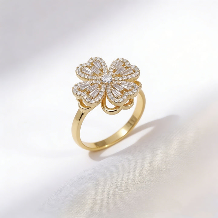 Gold Five-Petal Flower S925 Silver Ring, Luxury Full Diamond 3D Floral Ring, Elegant Inlaid Diamond Adjustable Ring for Banquet
