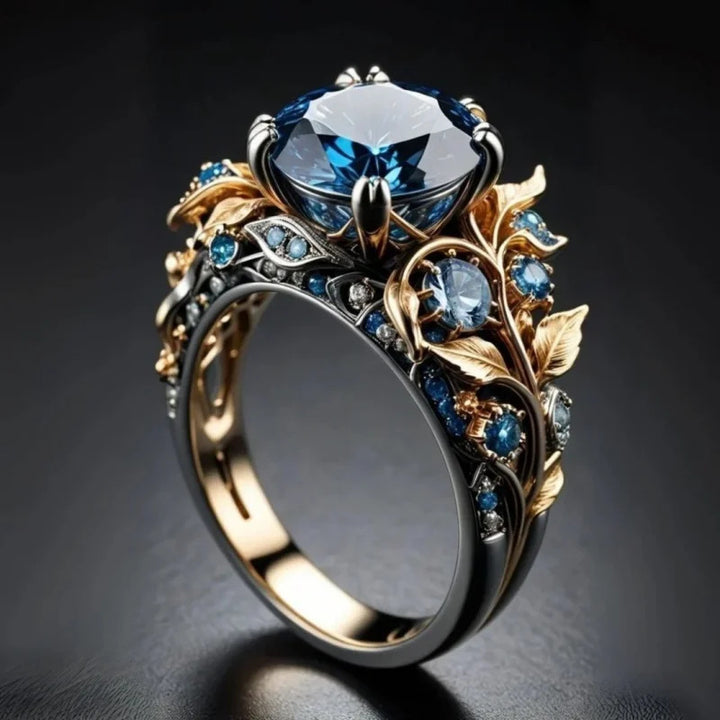 Two-Tone Gold Vine Leaf Sapphire 3D Carved Ring, Solid S925 Silver Black & Gold Vintage Forest Heavy Statement Band