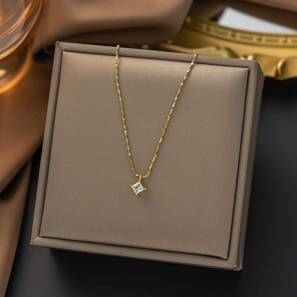 Single Square Diamond Prong-Set Necklace (Gold Tone Shimmer Chain Pendant)