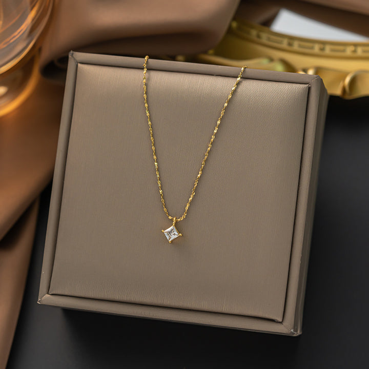 Single Square Diamond Prong-Set Necklace (Gold Tone Shimmer Chain Pendant)