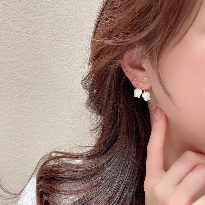 S925 Silver Bowknot Lily of The Valley Dangle Earrings, Gentle Style White Flower Long Drop Earrings