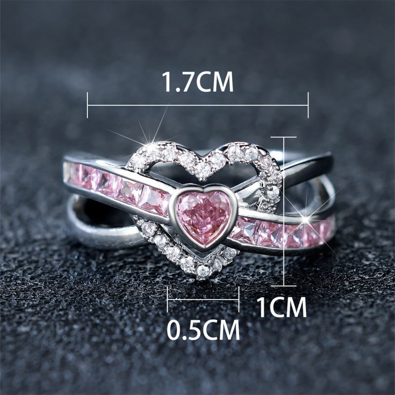 Sweet Pink Heart Intertwined Ring (Girly Paved Statement Band)