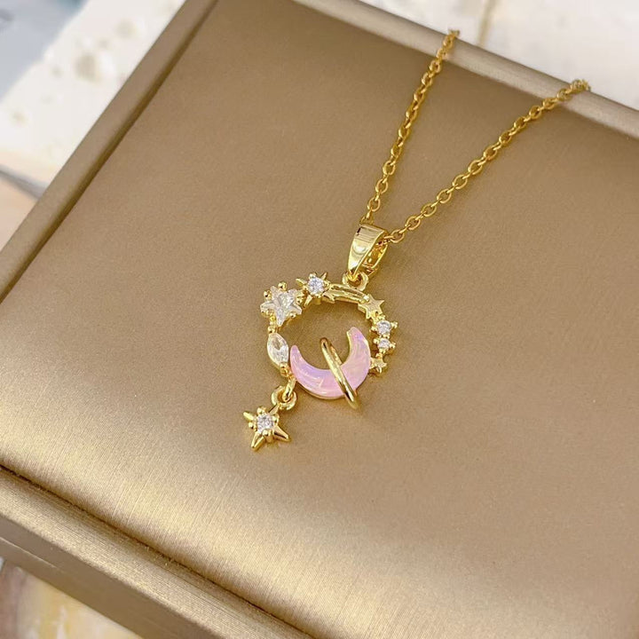 Dreamy Star & Moon Pink Diamond Wreath Necklace, Luxury Diamond Elegant Gold Clavicle Chain for Women