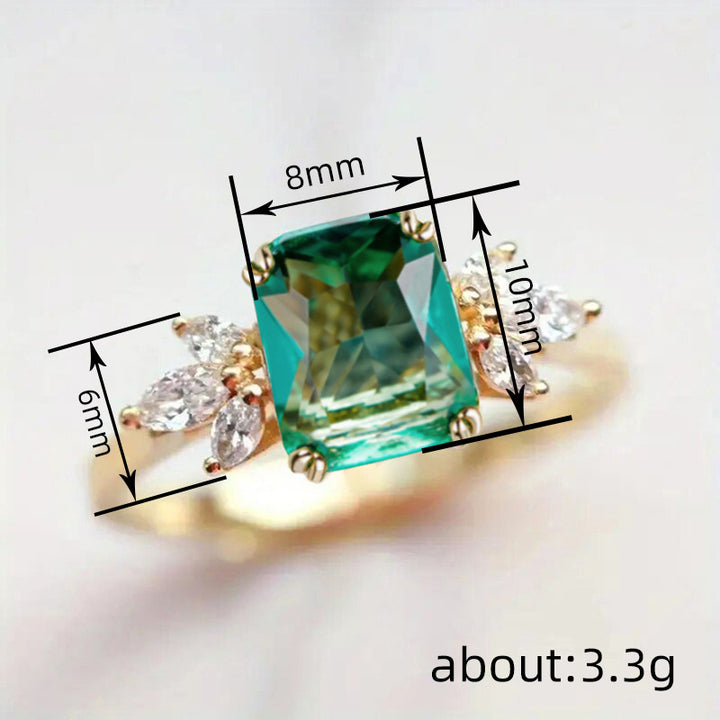 Rectangular‑Cut Simulated Emerald Ring With Side Accent Stones