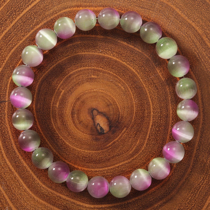 Dual‑Color Cat's Eye Stone Round Bead Bracelet, Purple‑Green Gradient Single Loop Bracelet, Niche Crystal Style Women Jewelry