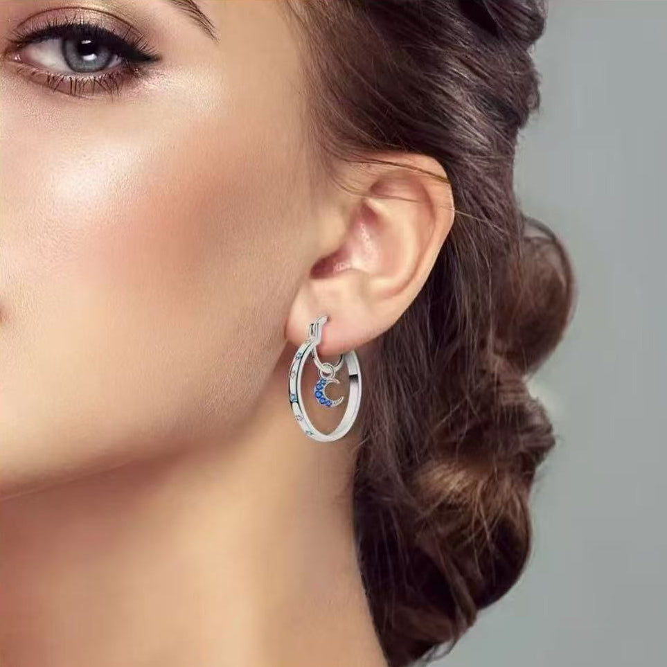 Sun & Moon Asymmetric Hoop Earrings, Celestial Star Paved Diamond Click Hoops Gold & Silver Dreamy Sky Jewelry