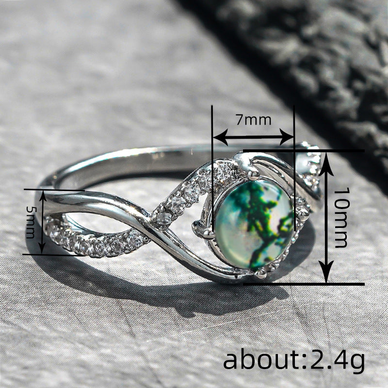 Twisted Shank Moss Agate Ring, Forest Style Paved Diamond Silver Delicate Band for Women