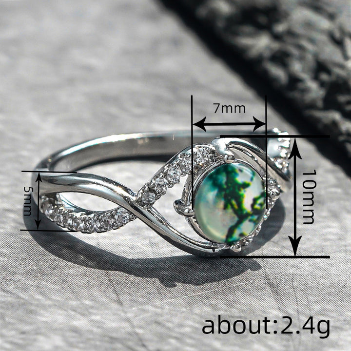 Twisted Shank Moss Agate Ring, Forest Style Paved Diamond Silver Delicate Band for Women