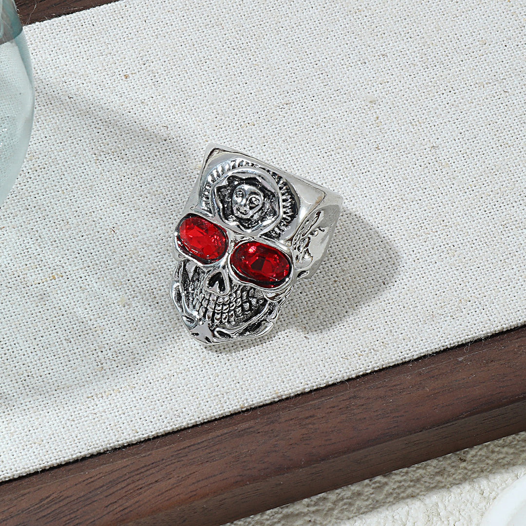 Red Gem Eye 3D Skull Embossed Ring, S925 Silver Antiqued Dark Biker Wide Band For Men