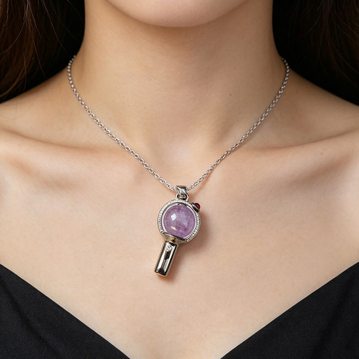 Exquisite Round Amethyst Magic Wand Pendant Necklace, Luxury Paved Crystal Minimalist Clavicle Chain for Women