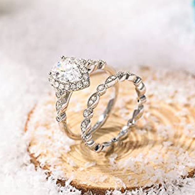 Pear Shape Halo Lace 2Pcs Ring Set, Vintage Openwork Milgrain Stackable Wedding Bands Silver Bridal Engagement Jewelry