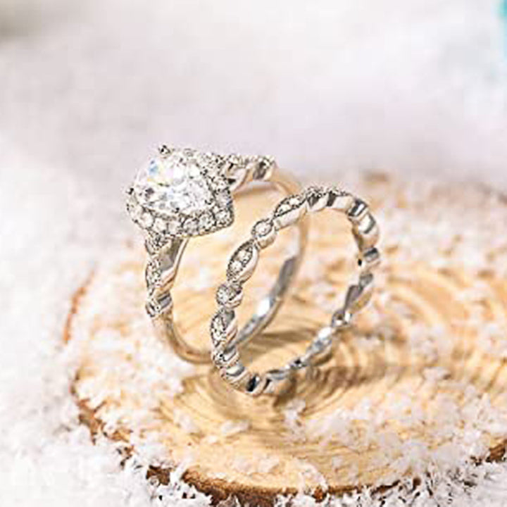 Pear Shape Halo Lace 2Pcs Ring Set, Vintage Openwork Milgrain Stackable Wedding Bands Silver Bridal Engagement Jewelry