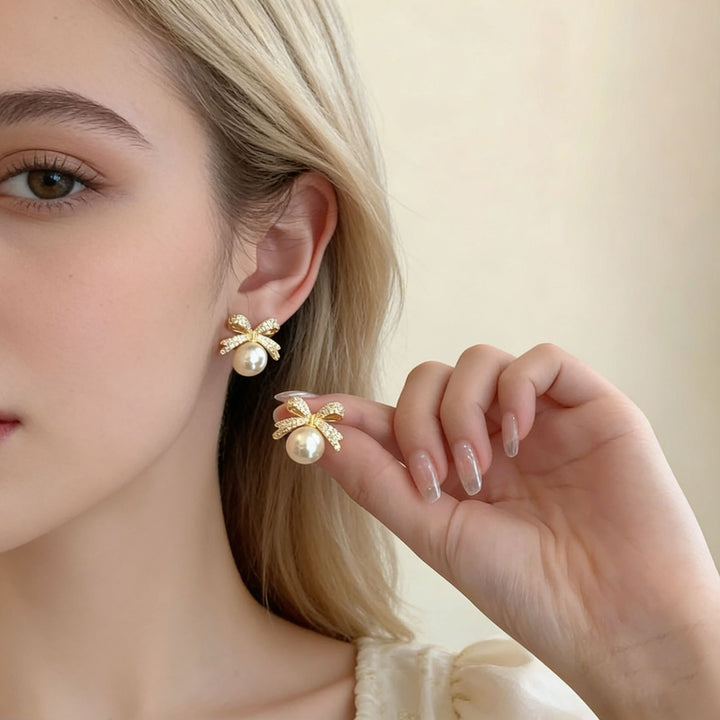 Pavé Diamond Bow Pearl S925 Silver Stud Earrings, Elegant Pearl Drop Jewelry