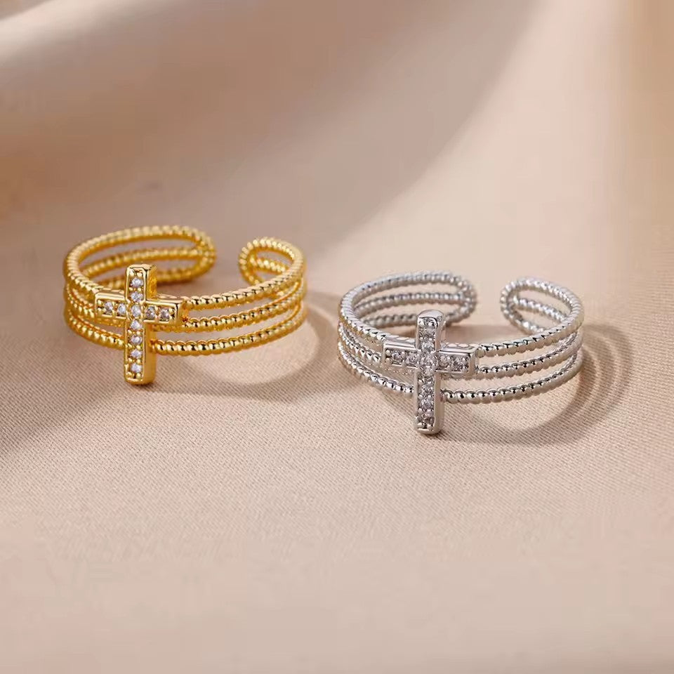 Three-Row Ball Beaded Cross Diamond Open Ring, 2 Colors Adjustable Band