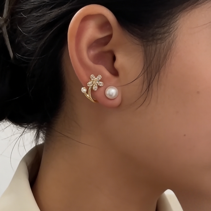 Back-Drop Pearl & Pavé Flower Earrings (Luxury Gentle Delicate Earrings)
