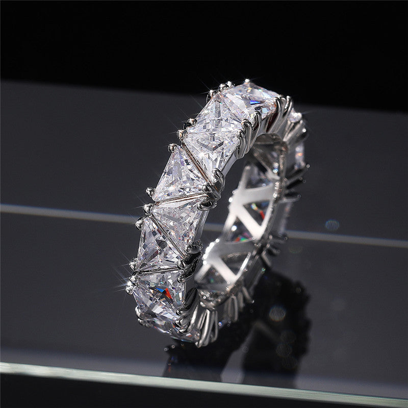 Triangle Cut Full Eternity Band Ring, Solid S925 Silver 4 Color Options Heavy Full Pave Crystal Stackable Band