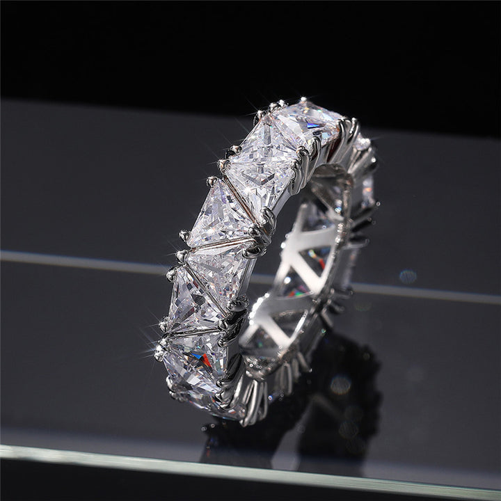 Triangle Cut Full Eternity Band Ring, Solid S925 Silver 4 Color Options Heavy Full Pave Crystal Stackable Band