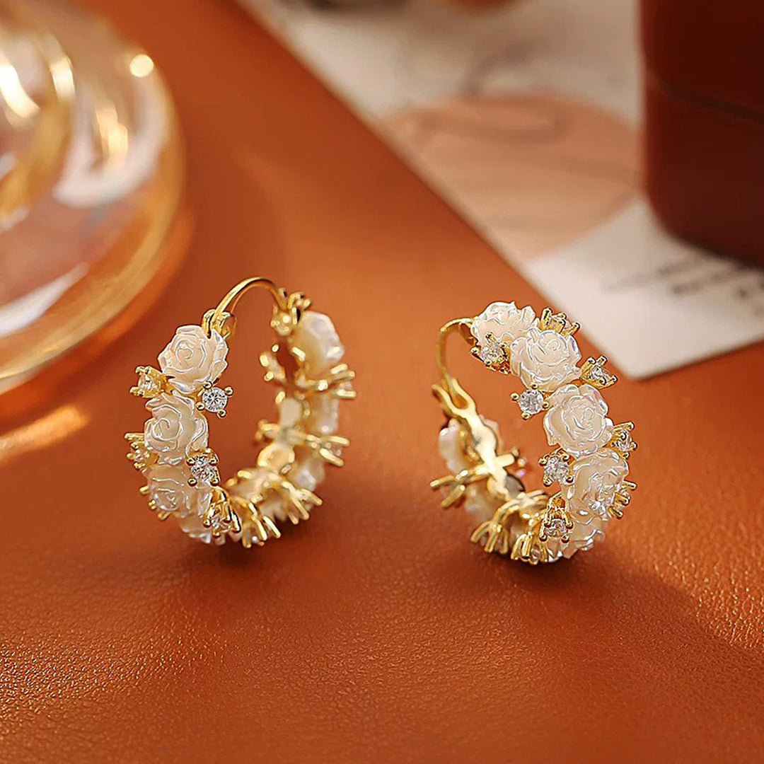 White Rose Wreath Hoop Earrings, Gentle 3D Rose Diamond Circle Earrings, Gold Luxury Earrings