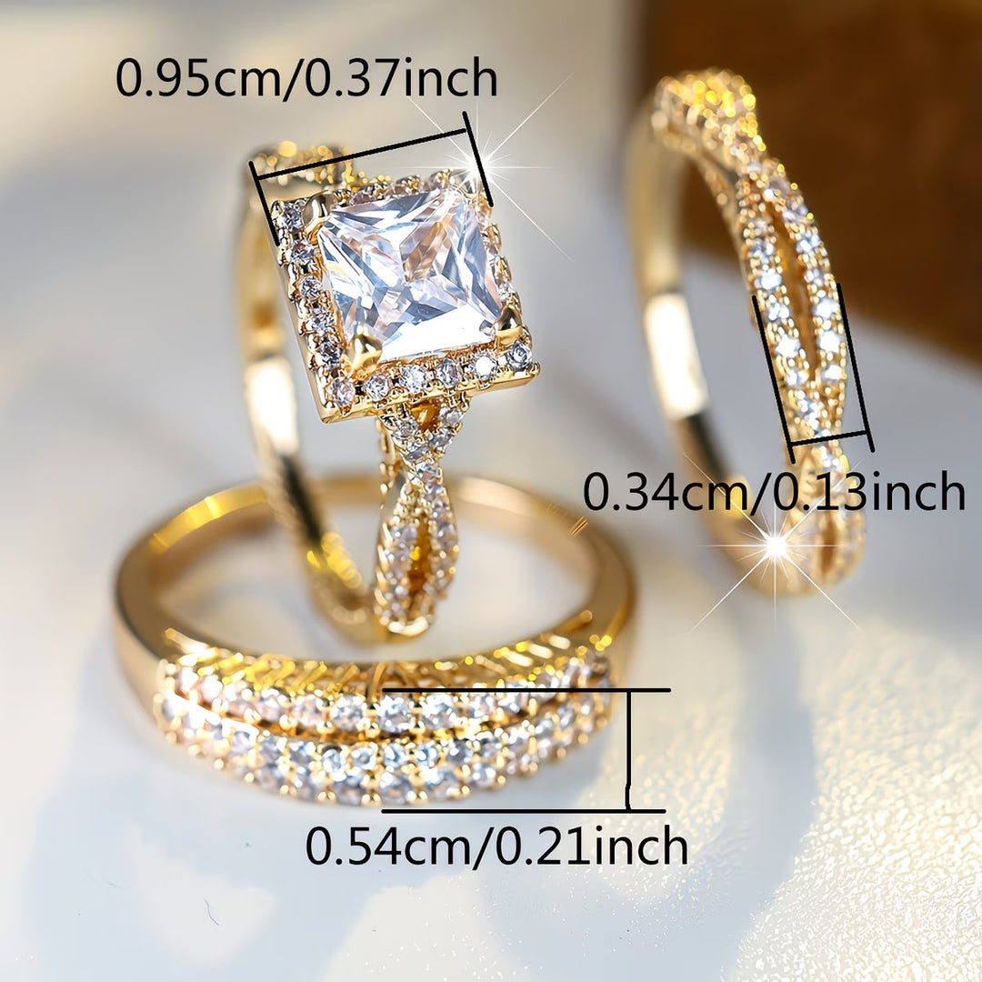 Square Center Stone Paved Three-Piece Ring Set, Luxury Stackable Engagement Ring Set