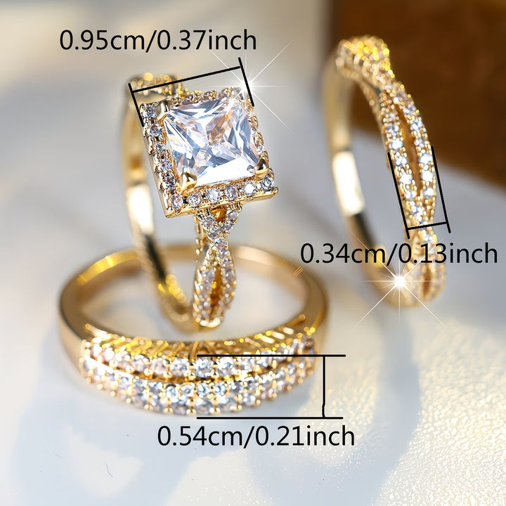 Square Center Stone Paved Three-Piece Ring Set, Luxury Stackable Engagement Ring Set