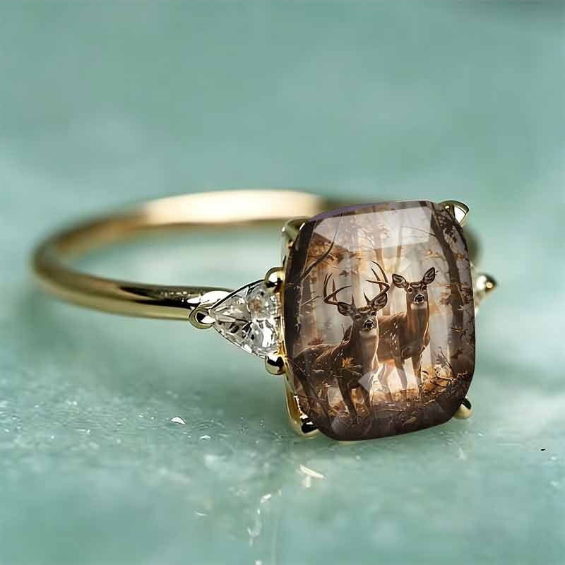 S925 Silver Square Forest‑Deer Pattern Center Stone Ring, Women Slim Band Accented With Trillion‑Cut Diamond