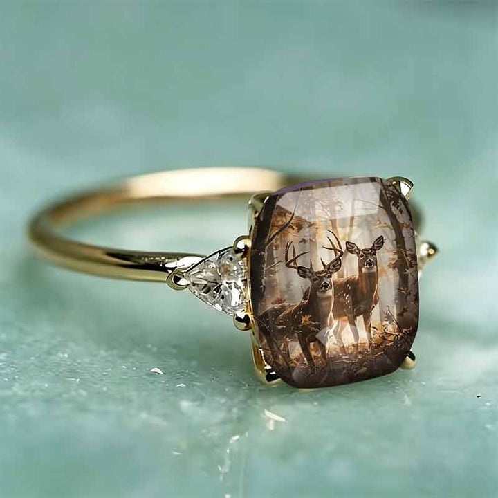 S925 Silver Square Forest‑Deer Pattern Center Stone Ring, Women Slim Band Accented With Trillion‑Cut Diamond