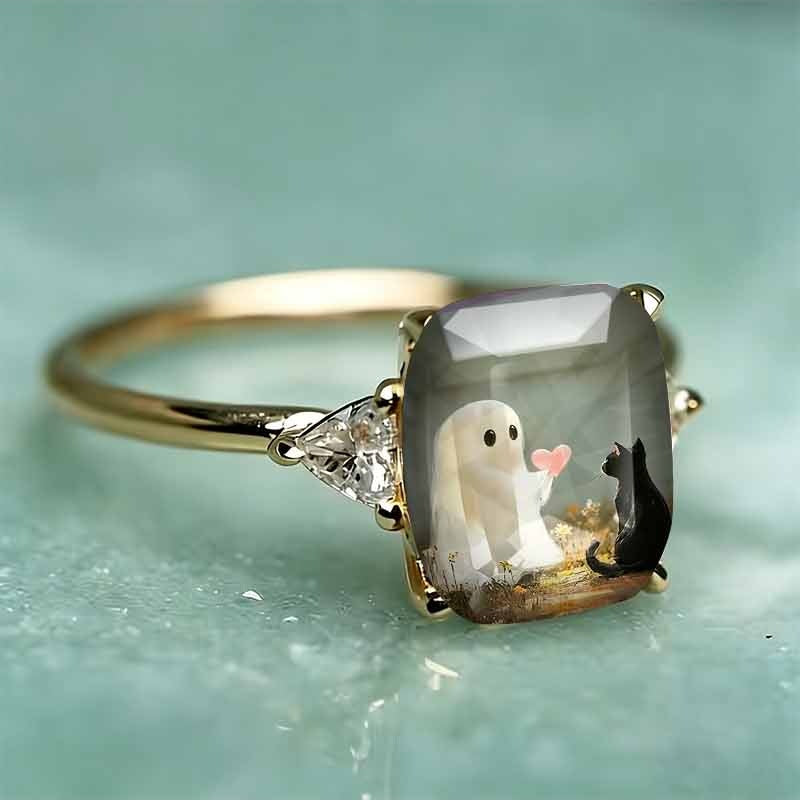 Ghost & Black Cat Square Printed Ring, Silver & Gold Two‑Tone Options
