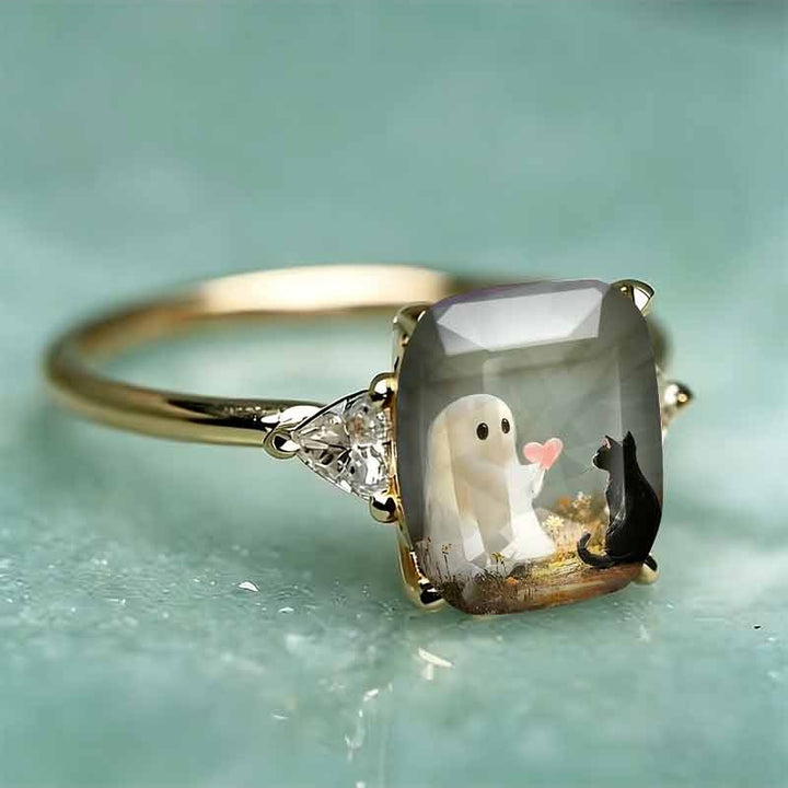 Ghost & Black Cat Square Printed Ring, Silver & Gold Two‑Tone Options