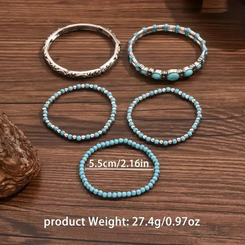 Bohemian Turquoise Multi-Layer Bracelet Set, Vintage Antique Silver Ethnic Stackable Beaded Bracelets, Women Vacation Jewelry