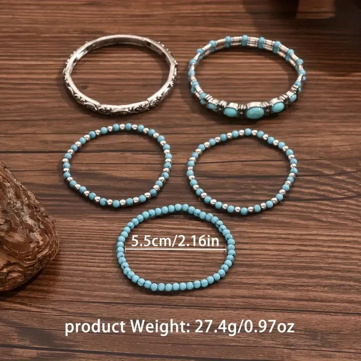 Bohemian Turquoise Multi-Layer Bracelet Set, Vintage Antique Silver Ethnic Stackable Beaded Bracelets, Women Vacation Jewelry