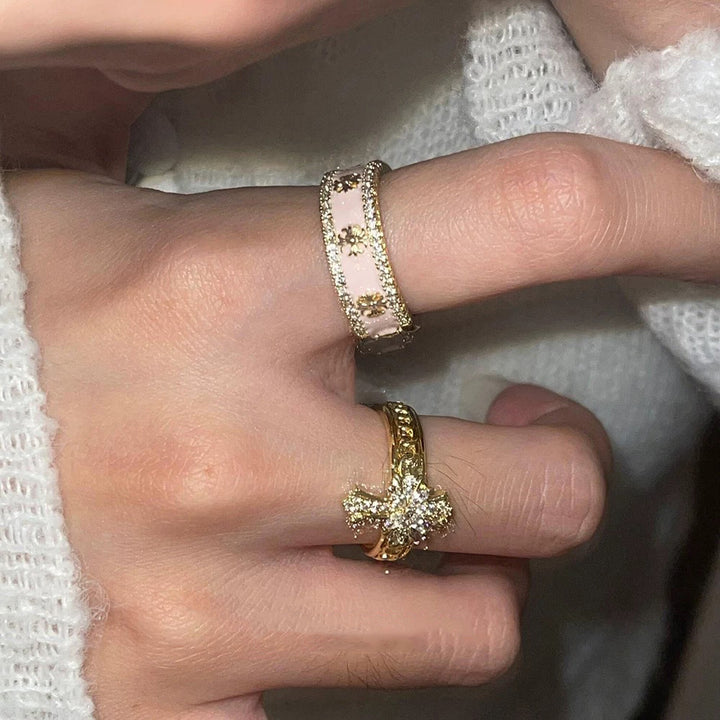 Vintage Rose Diamond Gold Tone Ring (French Romantic Statement Band)