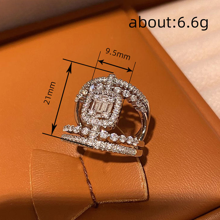 Luxury Double Layer Square Diamond Tassel Ring, European Heavy Paved Geometric Hollow Elegant Ring for Women