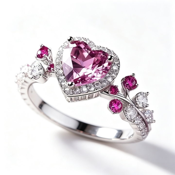 Heart‑Shaped Pink Gemstone Leaf‑Branch Diamond S925 Sterling Silver Ring