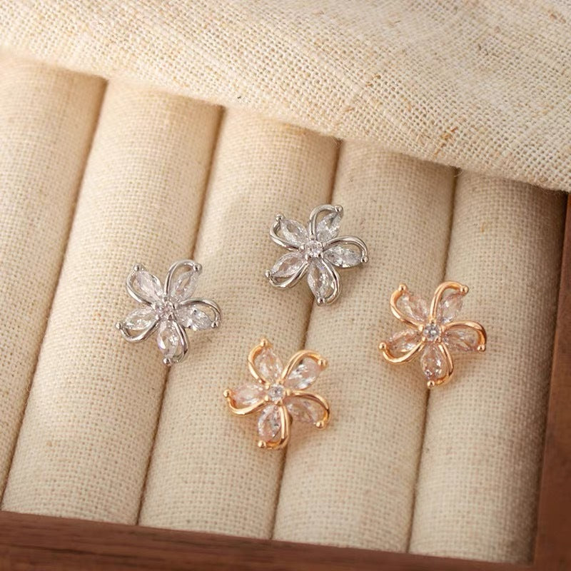 Hollow 5-Petal Flower Diamond Stud Earrings, Marquise Stone Floral Earrings, Gold & Silver Tone Minimal Flower Studs