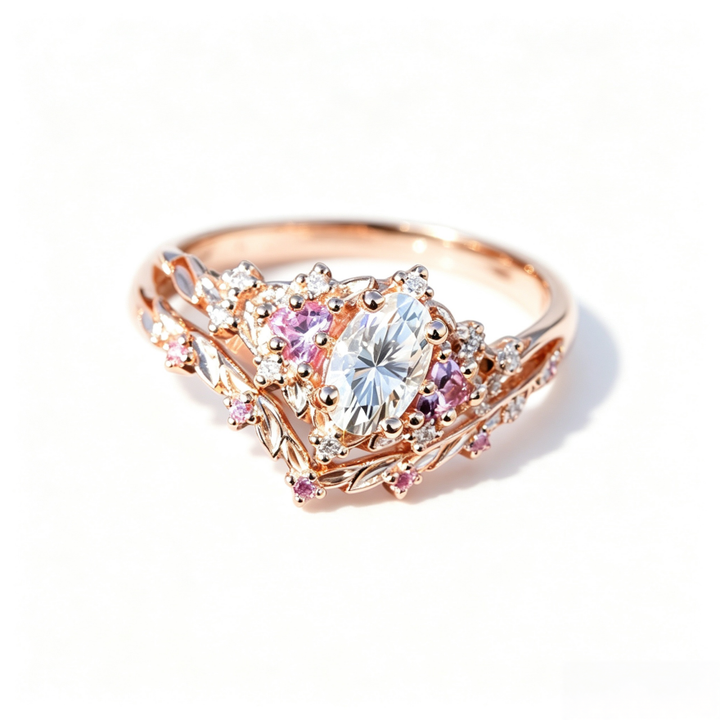 Rose‑Gold‑Tone Oval‑Center Stone Floral‑Leaf Multi‑Stone Ring Set