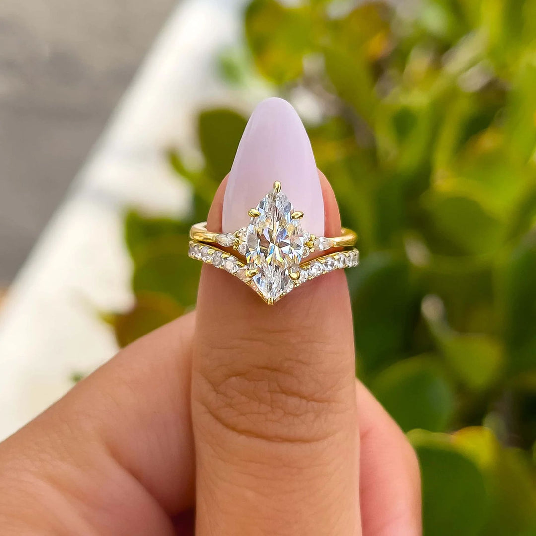 Marquise Main Stone V-shaped Paved Diamond Ring Set, Luxury Two Stackable Diamond Rings, Gold & Silver Two Tones Available