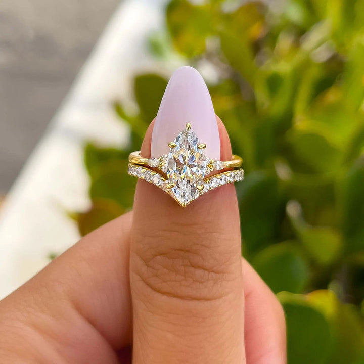 Marquise Main Stone V-shaped Paved Diamond Ring Set, Luxury Two Stackable Diamond Rings, Gold & Silver Two Tones Available