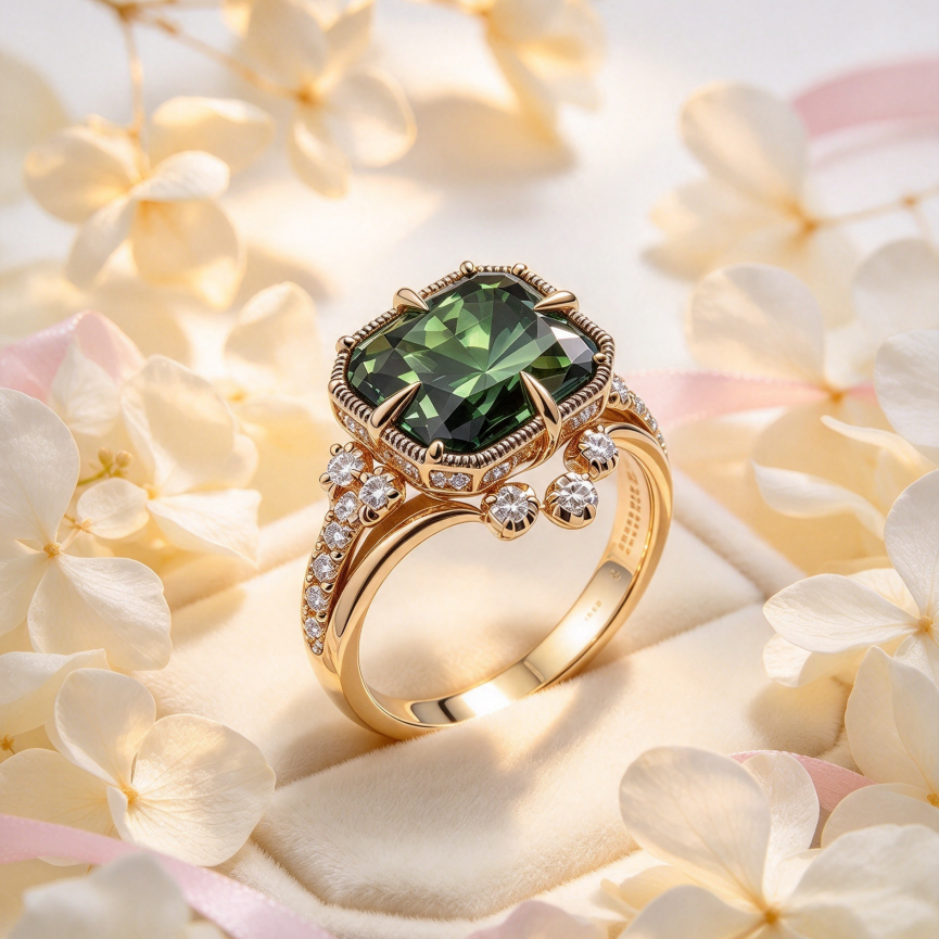 Square Green Center Stone Vintage Paved Diamond S925 Silver Gold‑Tone Ring