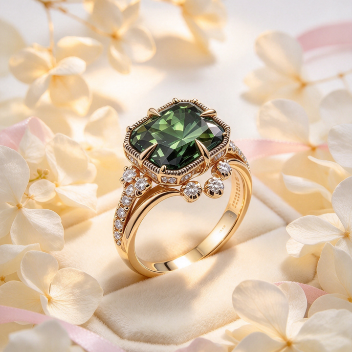 Square Green Center Stone Vintage Paved Diamond S925 Silver Gold‑Tone Ring