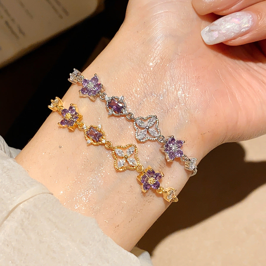 Purple‑Diamond Flower & Clover Adjustable Bracelet