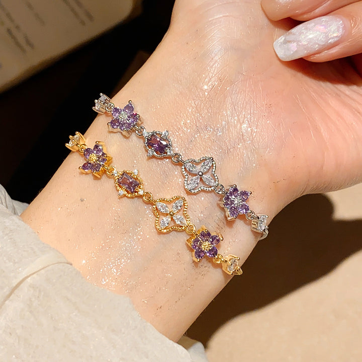 Purple‑Diamond Flower & Clover Adjustable Bracelet