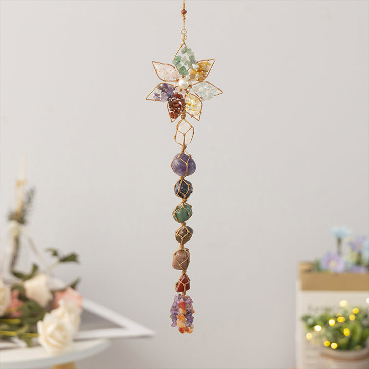 7 Chakra Six-pointed Star Natural Crystal Hanging Ornament, Hand Wire Wrapped Raw Stone Rearview Mirror Pendant Bohemian Home Wall Decor