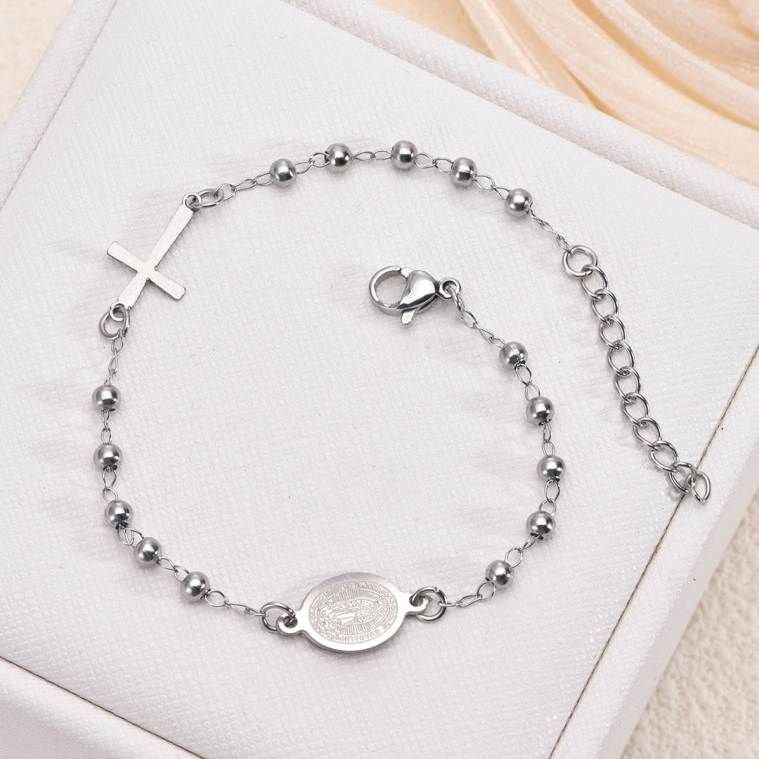 Beaded Chain Cross & Saint Medal Bracelet, Gold & Silver Minimal Religious Jewelry