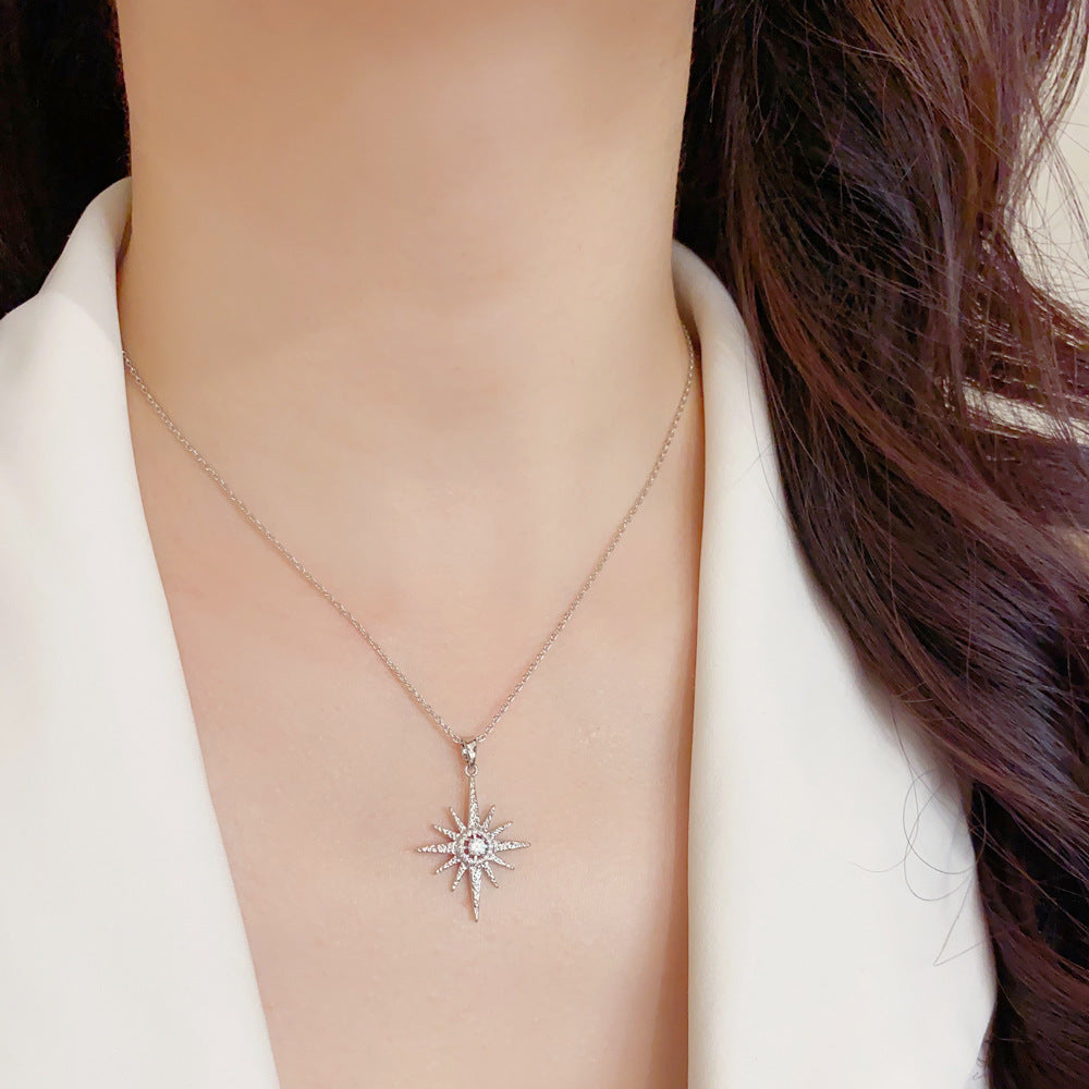 Vintage Eight‑Pointed Star Diamond Pendant Necklace, S925 Silver Two‑Tone Celestial‑Theme Women’s Collarbone Necklace