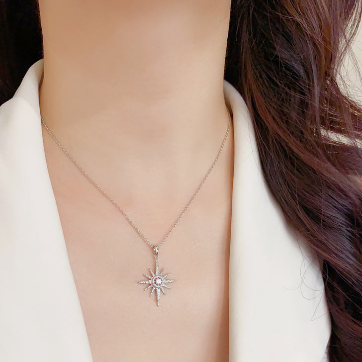 Vintage Eight‑Pointed Star Diamond Pendant Necklace, S925 Silver Two‑Tone Celestial‑Theme Women’s Collarbone Necklace
