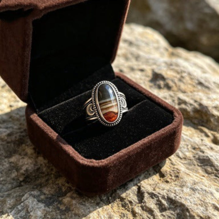 Western Style Oval Landscape Agate Vintage Totem Wide Ring, S925 Silver Antiqued Native Ethnic Men’s Band
