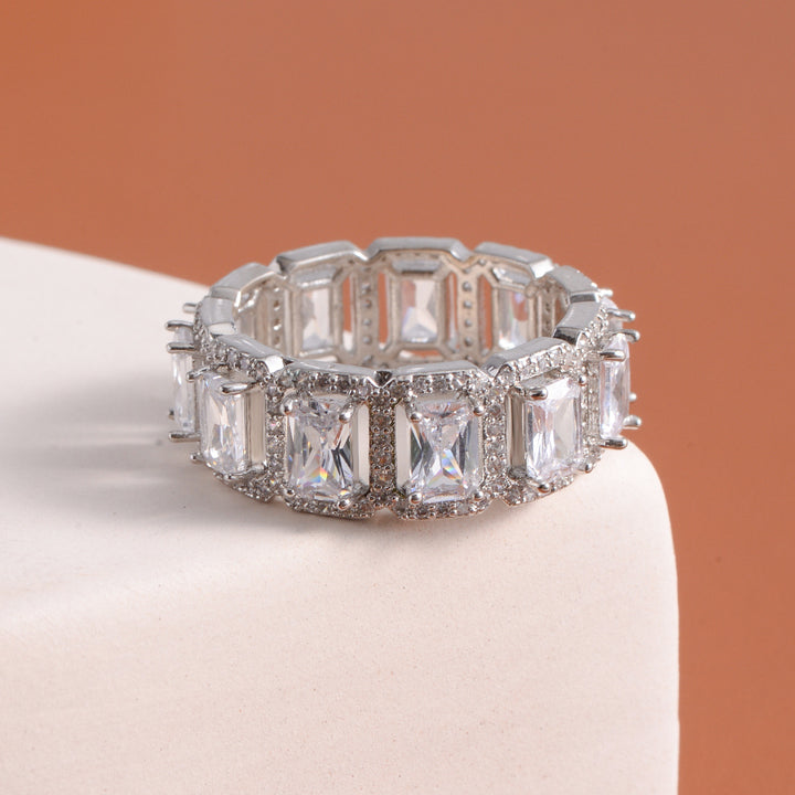 Baguette‑Cut Halo Eternity Band Ring, Two‑Tone Options