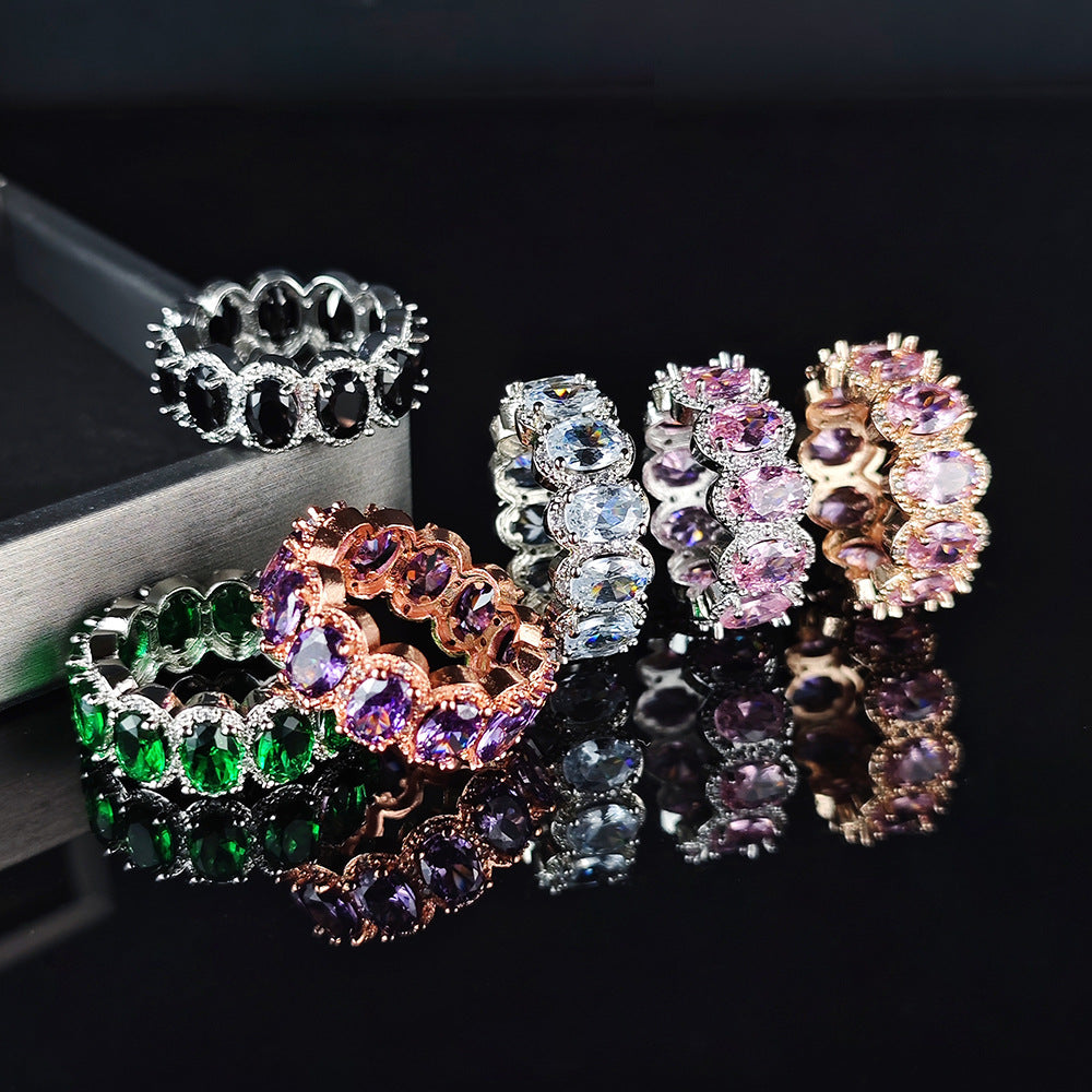 Multi‑color Option Full Eternity Oval Diamond Ring, S925 Silver Closed‑Band Luxury Banquet Ring